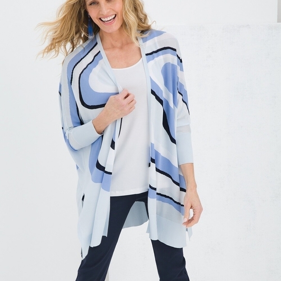 Chicos sz 2 Geode Swirl Tie-Front Cardigan blue navy white sz large oversized - Picture 1 of 10